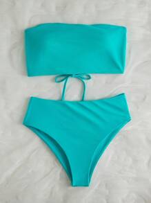 SHEIN Swim Summer Beach Solid Bikini Set Lace Up Back Reversible Tube Bra & High Waisted Bottom 2 Piece Bathing Suit - Mint Blue - View 7