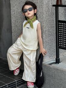DAZY 2 件套小男孩圆领无袖 T 恤和长裤，秋季服装，返校服装 - 白色 - 查看 4