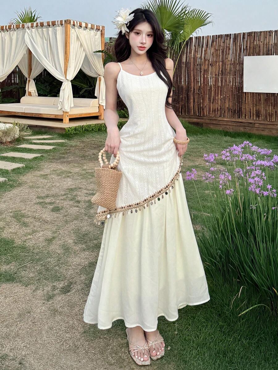 DAZY Vestido con tiras largas y empalmado para mujer, primavera/verano