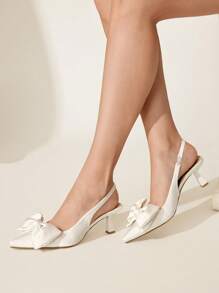 CUCCOO CHICEST Women's Pointed Toe Bow Decor Mid Heel Pumps, Elegant Romantic Sweet Fashion Satin Slip-On High Heels, Suitable For Formal Occasions, Afternoon Tea, Dates, Parties, Christmas, Thanksgiving, Birthdays, Valentine's Day - White - View 4