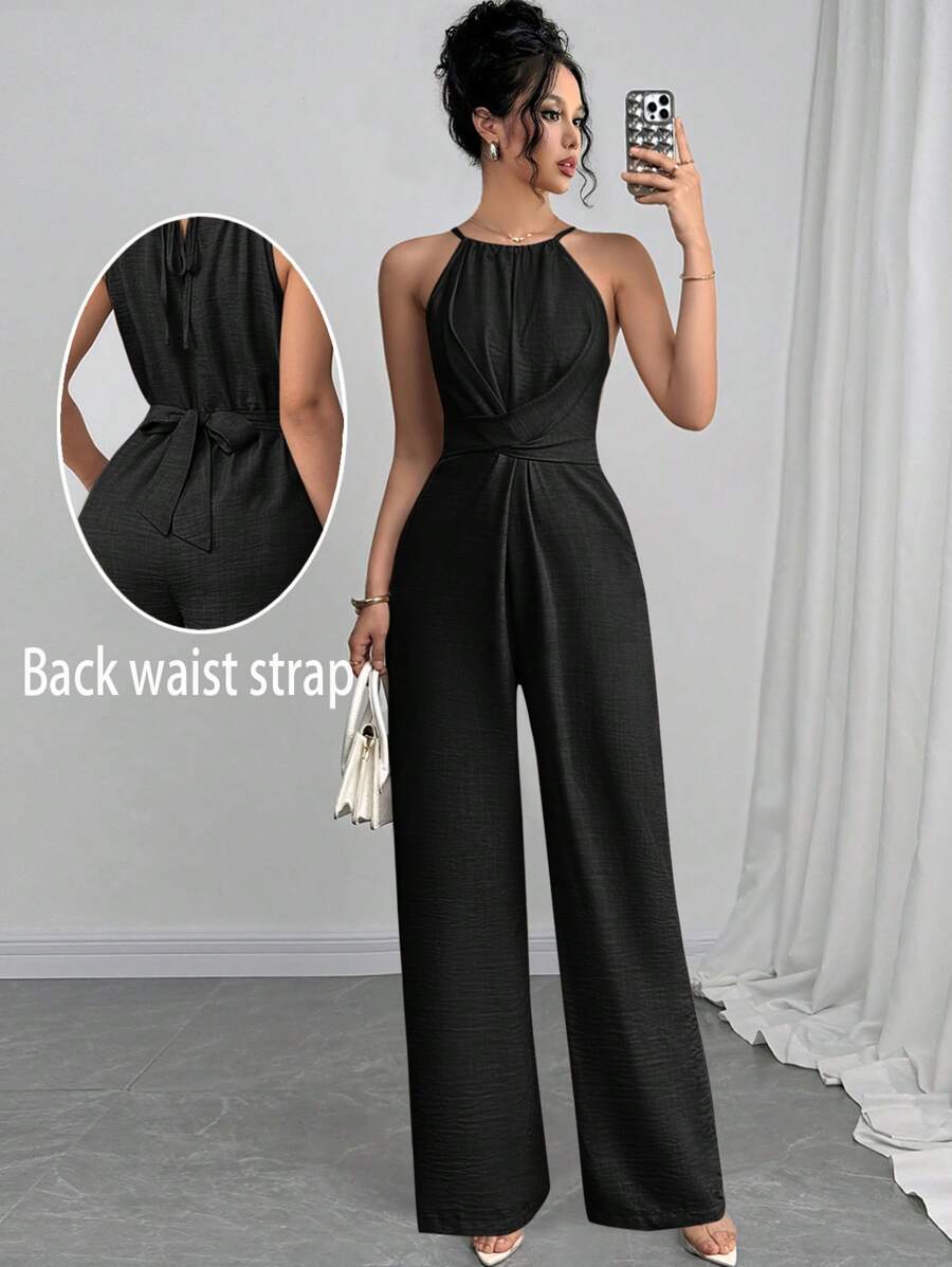 Firerie Women's Solid Color Waist Crisscross Wide Leg Jumpsuit - Black - View 1