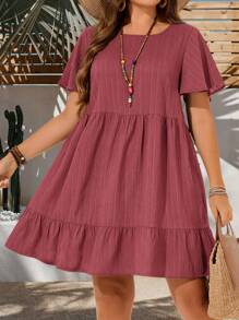 EMERY ROSE Plus Size Vacation Casual Solid Color Short Sleeve Dress, Summer Outfits For Women, Easter Bohemia, Rave Outfit Curve, Country Concert Dresses Tiered - Redwood - View 3