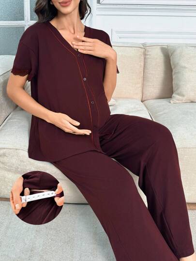 Moonlight&Mama 女士休闲蕾丝拼布短袖裤针织开衫孕妇睡衣套装