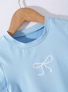 Girls Casual Crew Neck Short Sleeve Cropped Butterfly Print Blue T-Shirt, Irregular Hem, Summer Daily Versatile Top For Girls