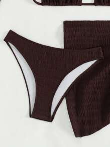 SHEIN Swim 女士夏季沙滩纯色露背性感比基尼泳装套装，带罩衫和半裙，3 件套 - 棕色 - 查看 3