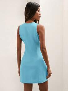 COSMINA Rochie de vară pentru femei, fără mâneci, cu guler rotund, casual, cu un singur nasture - Albastru - Vizualizare 2