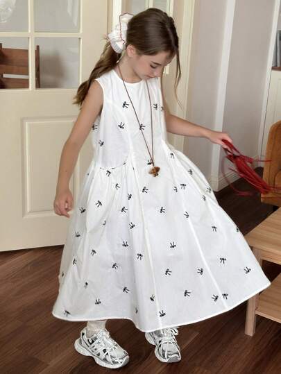 Hapijoa 青少年女孩夏季休闲刺绣蝴蝶结装饰连衣裙，返校服装