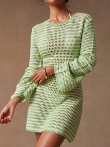 NYA SZN 针织钩针铃铛长袖夏季连衣裙圣帕特里克节新娘宾客婚礼舞会特殊场合复活节连衣裙淡绿色条纹音乐节女装 - 彩色 - 查看 6