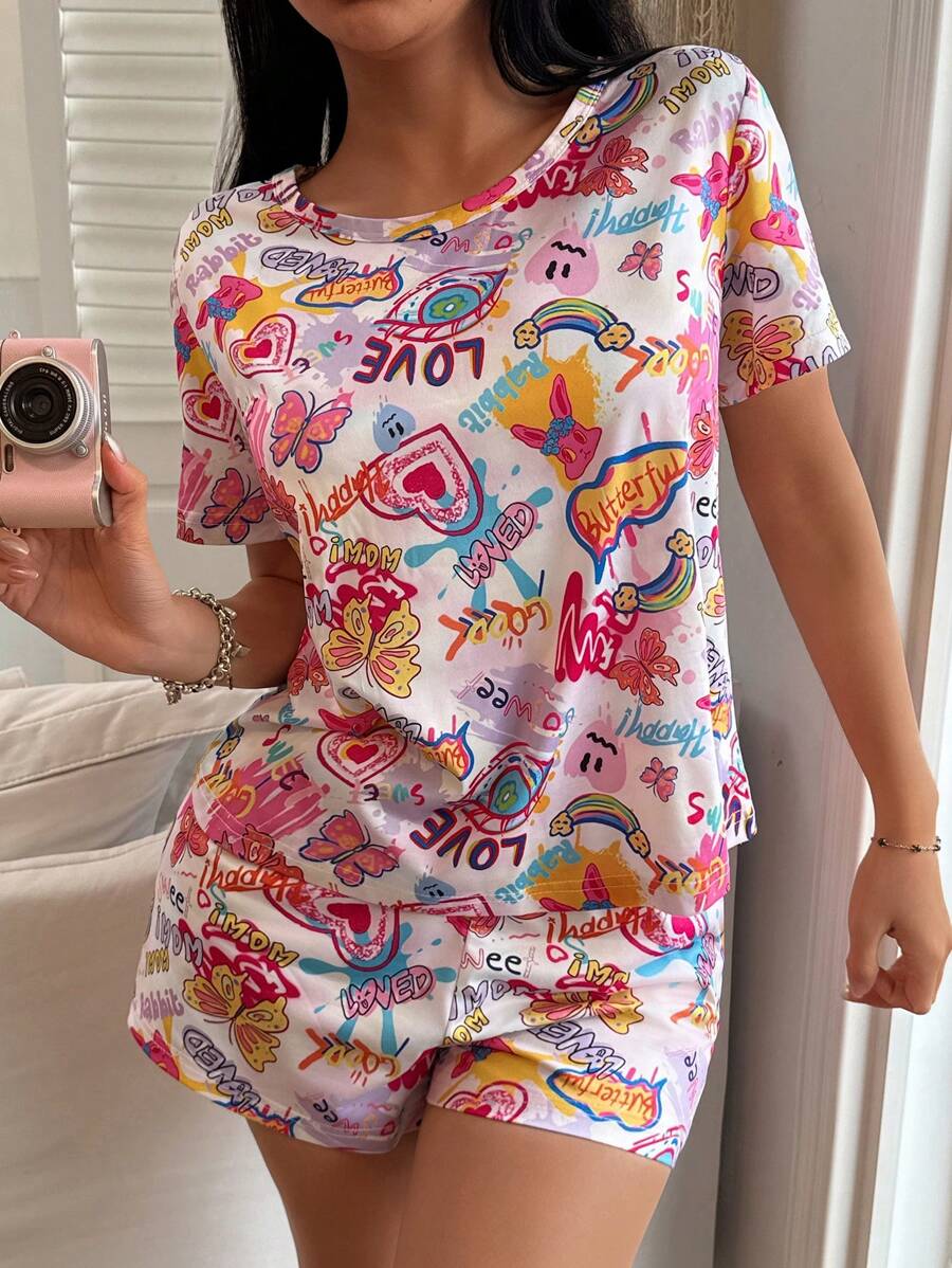 SHEIN Colorful Cartoon Graffiti Print Ladies Pajama Set - Pink - View 1