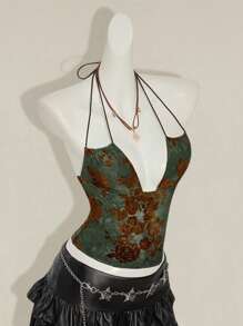 SHEIN ICON Women's Retro Green Flocked Jacquard Criss-Cross Backless Sexy Camisole - Green - View 5