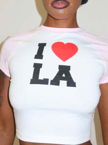 SUMWON WOMEN I Love LA Baby Tee Crop Top California Tourist Fashion Summer Festival Casual Street Style Graphics Fitted Short Sleeve City Graphic - White - View 2