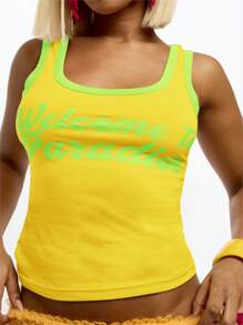 SUMWON WOMEN 欢迎天堂图案背心复古风夏季节日露脐背心Y2K时尚宣言休闲街头服饰 - 黃色 - 查看 6