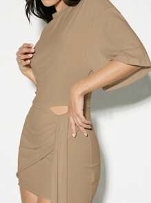 KIZN 镂空迷你连衣裙，不对称垂褶设计，适合晚宴、派对、秋冬春季休闲工作场合，时尚中长款，商务休闲女装，夏季女装 - 咖啡 - 查看 4