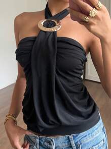 SHEIN EZwear Black Casual Women's Metal Decor Halter Neck Tank Top, For Going Out - Black - View 1