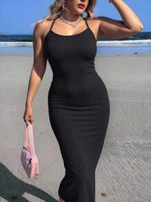 Veykashi 休闲简约长款修身大码女式紧身连衣裙，夏季女式时尚连衣裙 - 黑色 - 查看 2