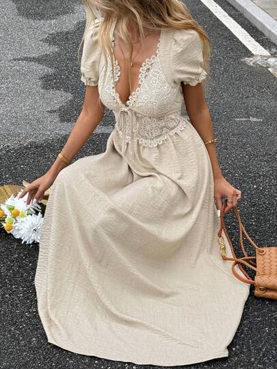 Serisse Women's Casual Solid Color Lace Patchwork Long Dress, Summer,Boho Clothes Women Beach Vacation Holiday Resort