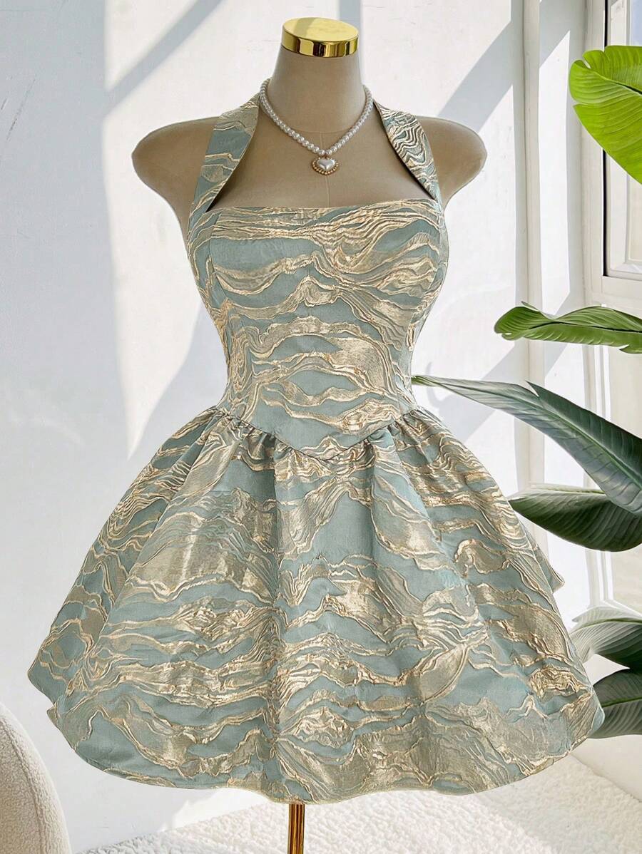 Chiquease Vestido elegante sin mangas de jacquard con nudo en la espalda para el verano - Verde - Ver 1