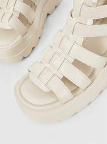 ROMWE Grunge Punk Fashionable Women's Shoes, Metal Buckle Design Open Toe, Thick Sole Flat Heel 7.5cm, Retro Style PU Leather Black Sandals, Suitable For Summer Shopping, Dating, Etc. - Beige - View 5