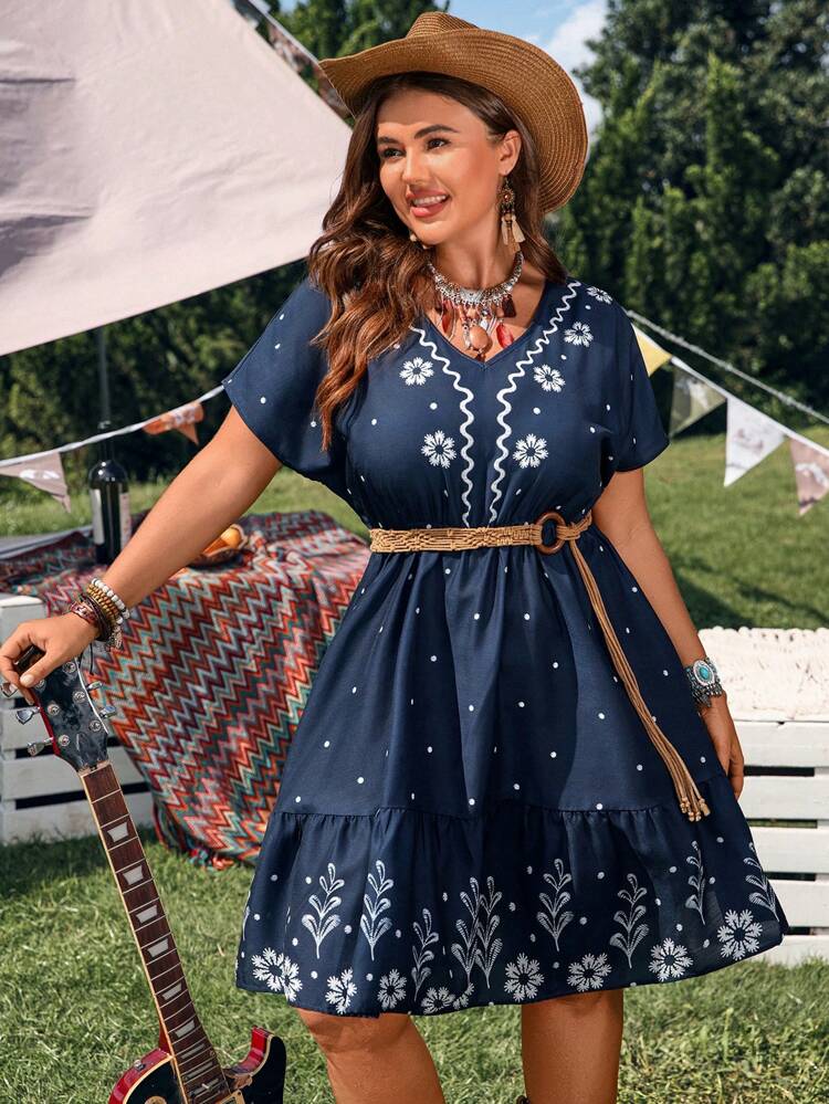 Plus Size V-Neck All-Over Print Sleeveless Dress, Summer,Beach Outfits For Woman,For Summer Holiday,Summer Tops,Country Concert Outfit, Women,Bohemian Clothes,Vacation Outfits,Western Wear Women,Summer Dresses For Women