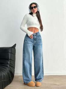 SHEIN Tall 高腰阔腿Y2K风格高腰牛仔裤