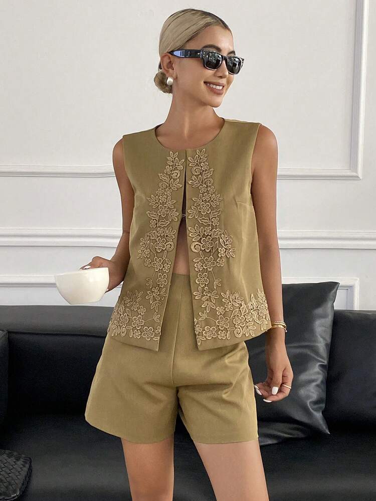 Floral & Leaf Pattern Woven Sleeveless Jacket, Straight Leg Shorts 2pcs Elegant Summer Resort Wear Set For Women,Short Women Sets Carnival