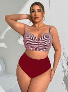 Swim Lushoire Plus Size Women Striped Textured Print Cross Front Underwire Top & Black Striped Shorts 2 Pieces Swimsuit Set, Slimming Beach Outfit For Summer Beach Vacation