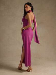 Hauture Sexy Summer Casual Asymmetrical Neck Sash Scarf Side Slit Maxi Dress