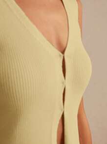 Poéselle Women's Summer Frenchies Casual Solid Color Sleeveless Knit Top Sweater Vest - Mustard Yellow - View 5