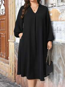SHEIN Essnce 大码女装春夏时尚休闲宽松舒适清凉日常黑色 V 领长袖中长连衣裙、保守连衣裙、女式教堂服装、老钱风格、女式端庄服装、曲线黑色连衣裙、春季服装 - 黑色 - 查看 7