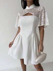 Firerie 女士简约优雅度假海滩度假撞色蕾丝 A 字短袖连衣裙，时尚百搭白色夏装 - 白色 - 查看 6