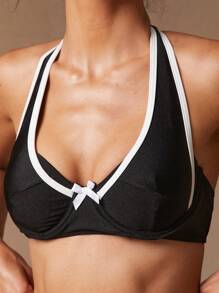 SHEIN Unity Black,Summer,Cute,Beach,Holiday Color Block Halter Strappy Bikini Top,Elegant Gyaru Poolside Casual Vacation Party Club Music Festival Swim Top - Black - View 3