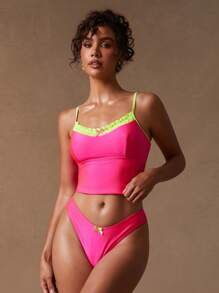 SHEIN Unity Cute Pink Summer Beach Holiday Color Block Neon Bikini Top, Gyaru Club Concert Music Festival National Tour Poolside Vacation Party - Black - View 4