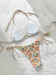 SHEIN Swim 女士碎花吊带前系性感比基尼套装，夏季沙滩泳衣 - 彩色 - 查看 2