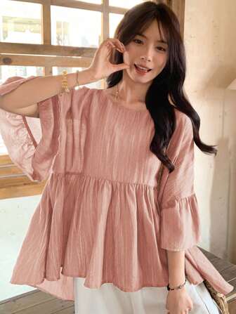 FRIFUL Women Grey Blouse With Cute Ruffle Collar, Summer Wear,Babydoll Top