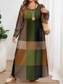 SHEIN CURVE+ Plus Size Women Color Block Round Neck Long Sleeve Plaid Dress With Pockets, Summersummer/Country/Beach Vacation Outfits/Beach Outfits/Beach Wear Autumn And Winter - Multicolor - View 4