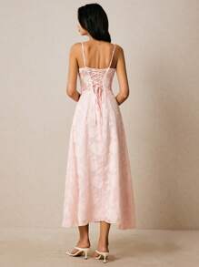 Poéselle 女士优雅提花设计前系带吊带连衣裙 - 粉色 - 查看 3