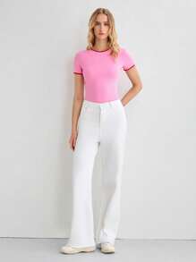 Lumivelle Camiseta casual deportiva de cuello redondo y manga corta con ribete de contraste para mujeres