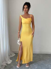 Elenzga Robe élégante à col drapé asymétrique avec volant, fendue, de couleur crème jaune - Jaune citron - Voir 4