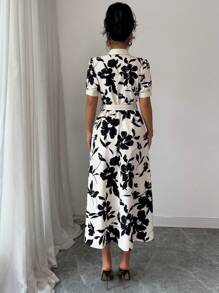 Elenzga 女式印花束腰度假优雅连衣裙，夏季 - 杏色 - 查看 2