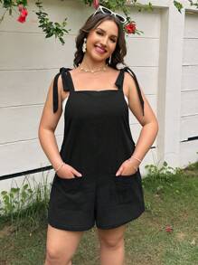 SHEIN EZwear Plus Size Black Woven Knot Cami Romper - Black - View 1