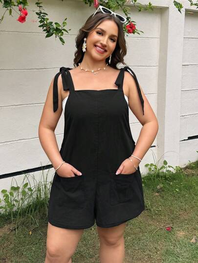 SHEIN EZwear Plus Size Black Woven Knot Cami Romper