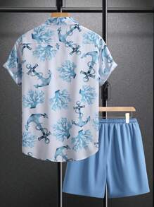 Manfinity RSRT Set de 2 piezas camisa de manga corta y pantalón corto casuales de vacaciones con estampado de ancla y coral para hombres