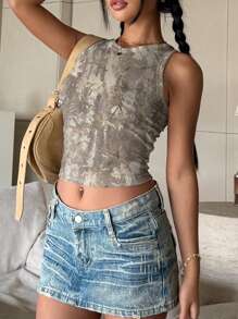 Plus Size All-Over Print Round Neck Slim-Fit Summer Casual Tank Top
