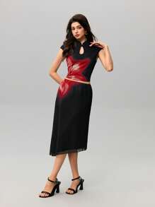 SHEIN MOD 传统中式黑色旗袍上衣和裙子套装，时尚夏季穿着 - 黑色 - 查看 6