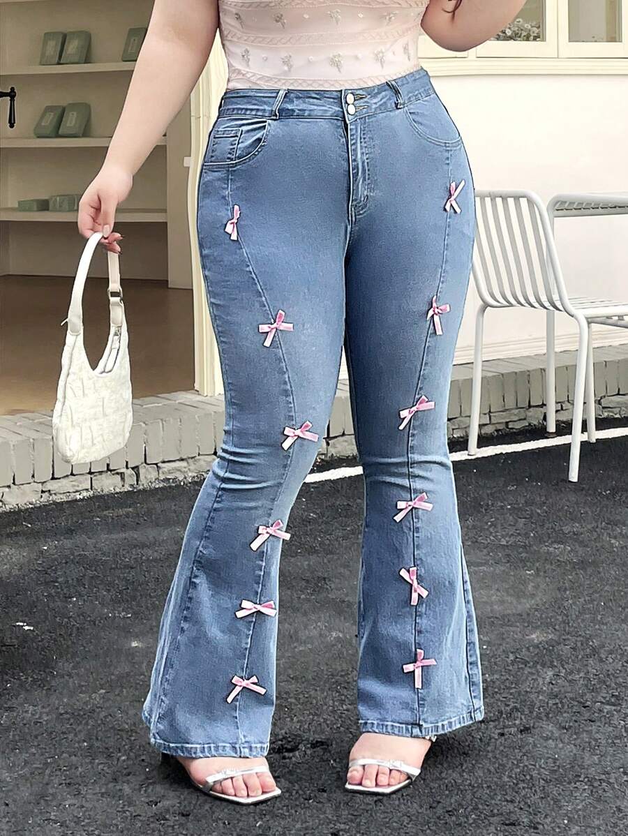 SHEIN ICON 大码女式蝴蝶装饰牛仔修身喇叭腿休闲度假裤，夏季