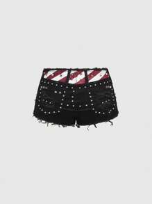 ROMWE Grunge Punk Pantalones cortos vaqueros sexy de cintura súper baja con estampado de bandera de EE.UU. del Día de la Independencia y remaches de estilo punk para mujeres - Negro - Ver 2