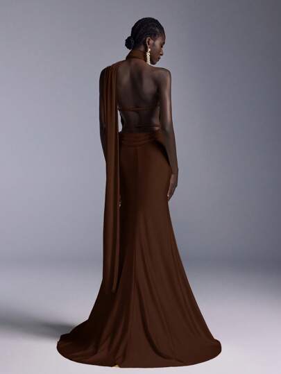 Elitara Vestido largo de sirena minimalista con espalda abierta, adecuado para fiestas de noche, ceremonias y eventos formales