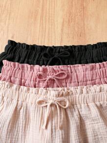 SHEIN TEENGirl 3 件套休闲夏季套装：编织柔软双层纱布荷叶边短裤，松紧腰身，纯色，百搭清凉 - 黑色 - 查看 5