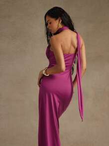 Hauture Sexy Summer Casual Asymmetrical Neck Sash Scarf Side Slit Maxi Dress