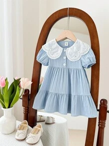 SHEIN LMoss Kids Babygirl 甜美夏季蓝色条纹宽松彼得潘领短袖连衣裙 - 藍色 - 查看 8